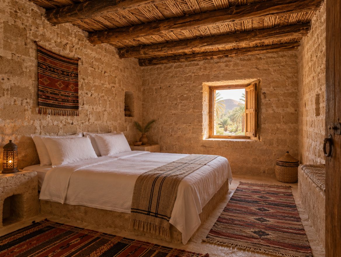 A mud-brick guest room with a palm-wood ceiling