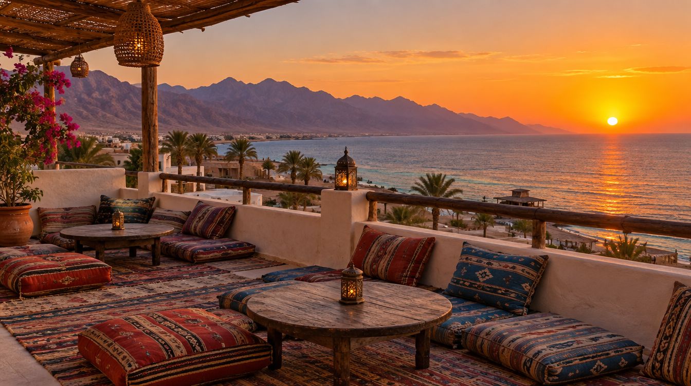A rooftop terrace in Dahab at sunset over the Red Sea